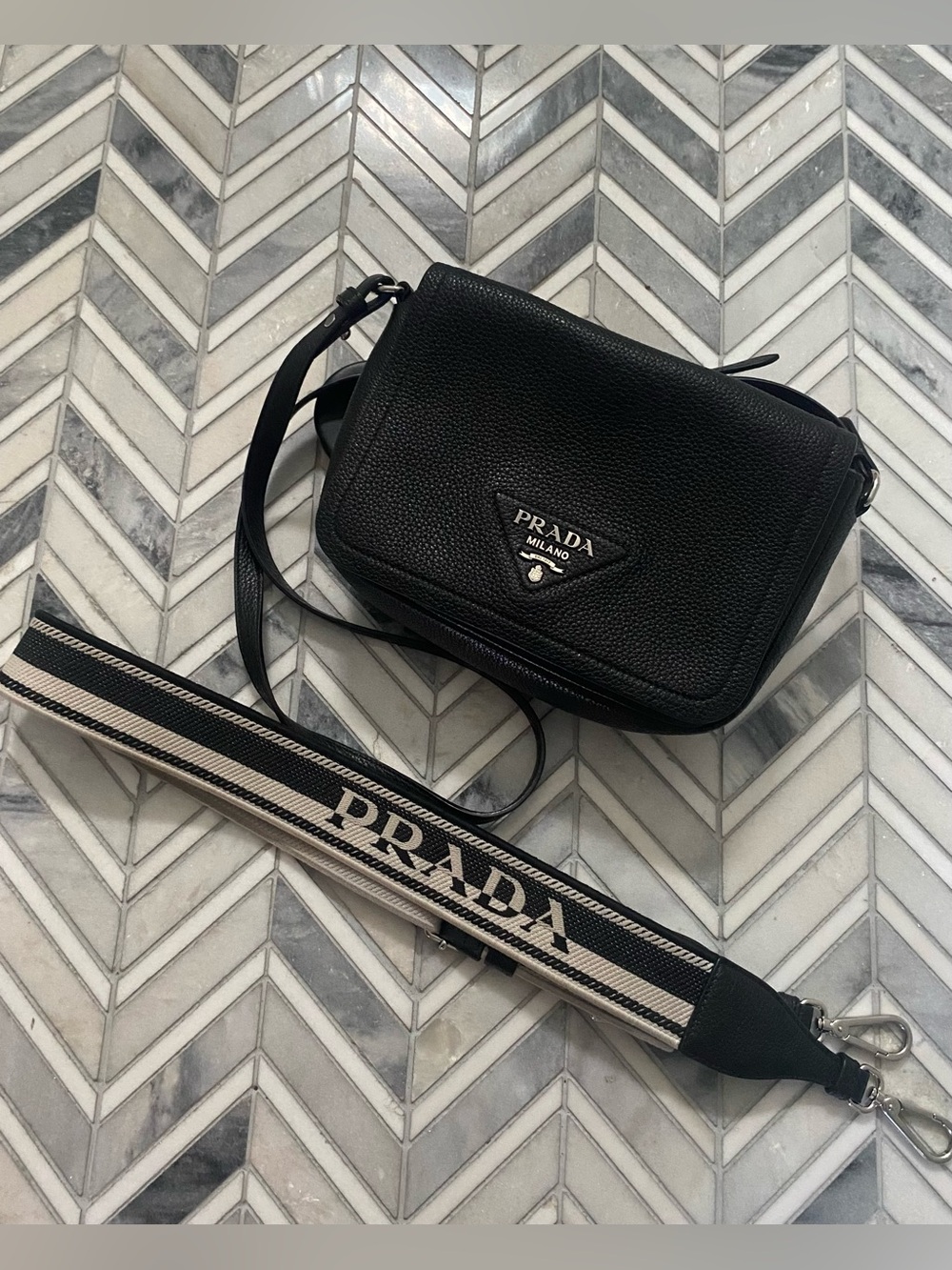 Prada Black Pebbled Leather Crossbody with Signature Strap
